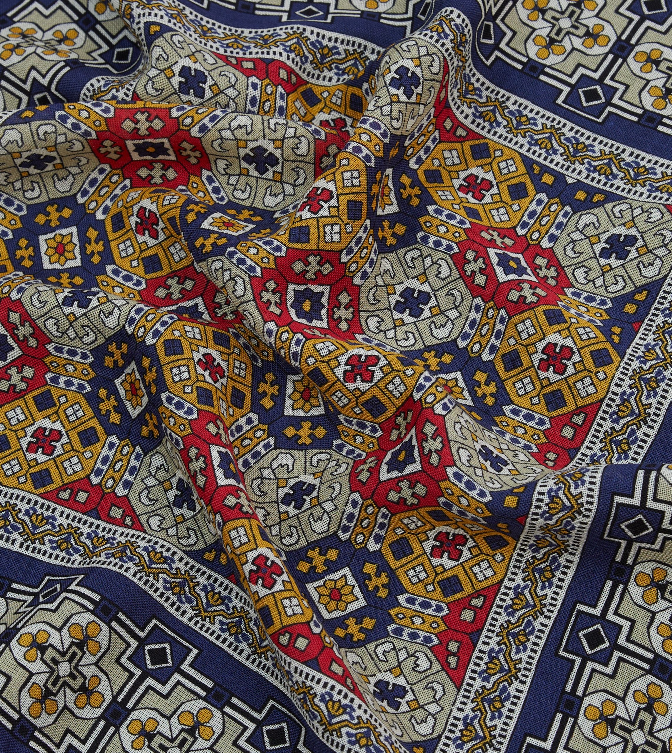 Navy Geometric Tapestry Print Wool-Silk Pocket Square - Image 2