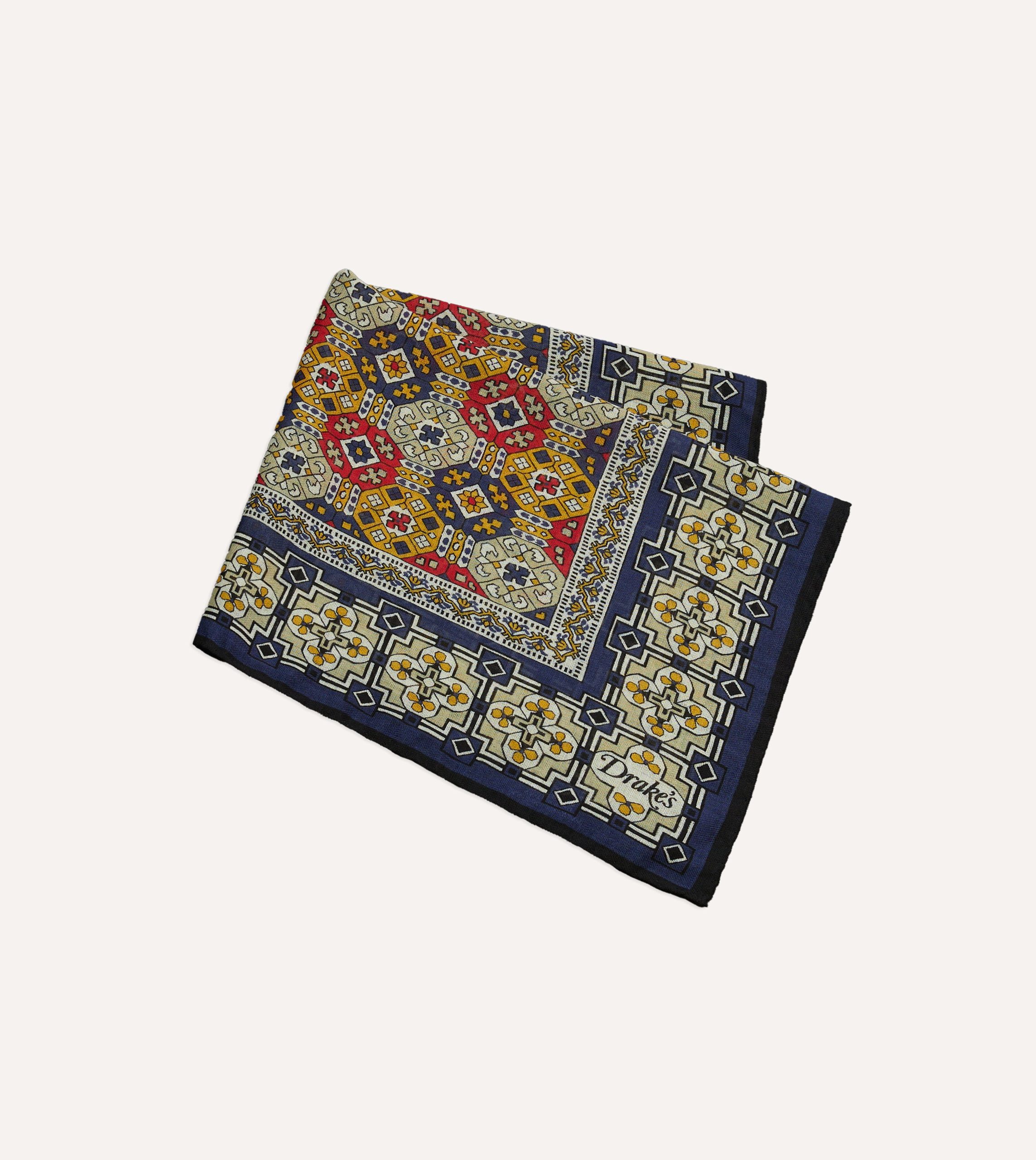 Navy Geometric Tapestry Print Wool-Silk Pocket Square - Image 3