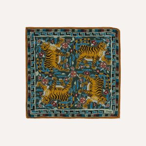 Green Tiger Motif Print Wool-Silk Pocket Square