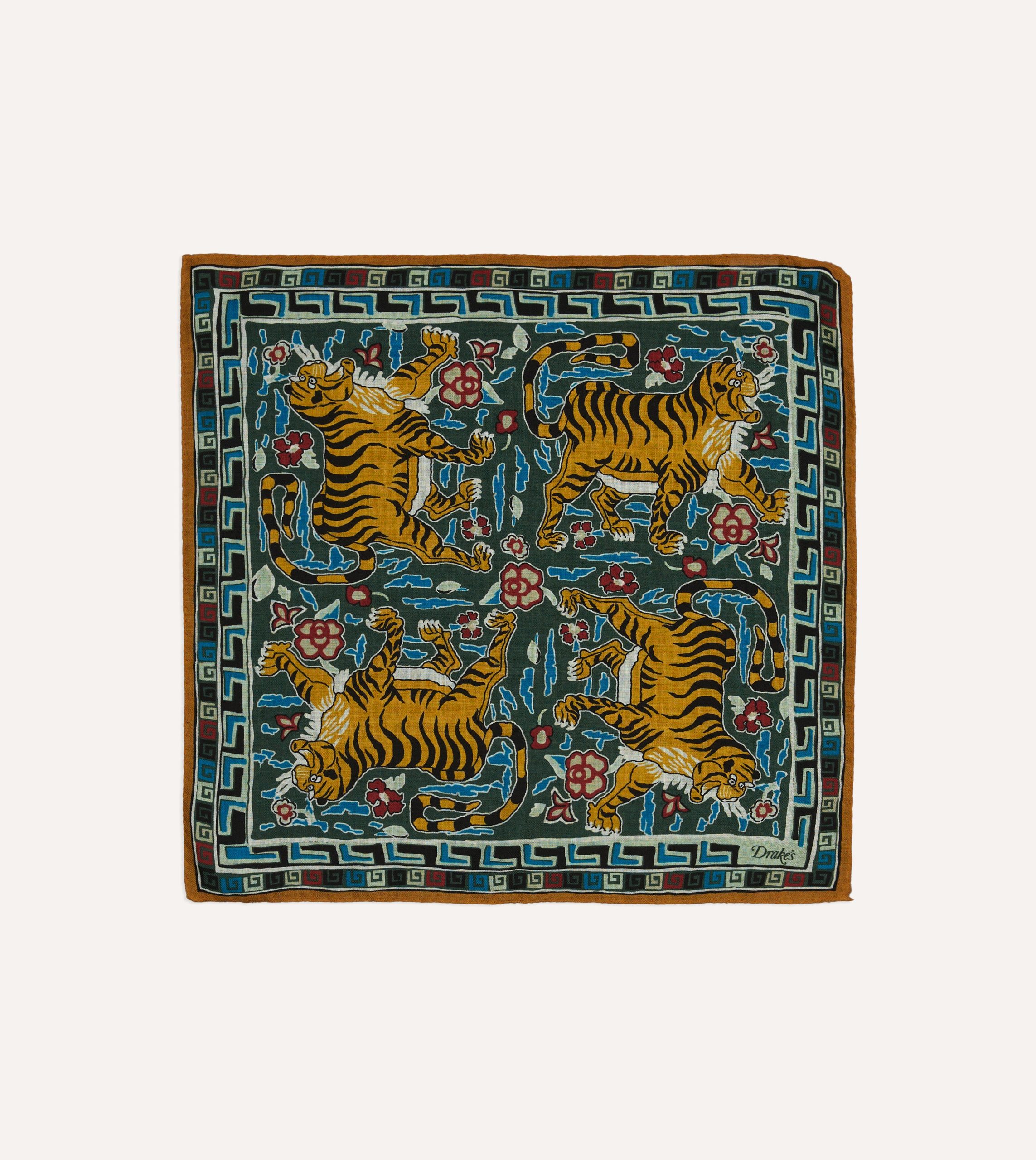 Green Tiger Motif Print Wool-Silk Pocket Square