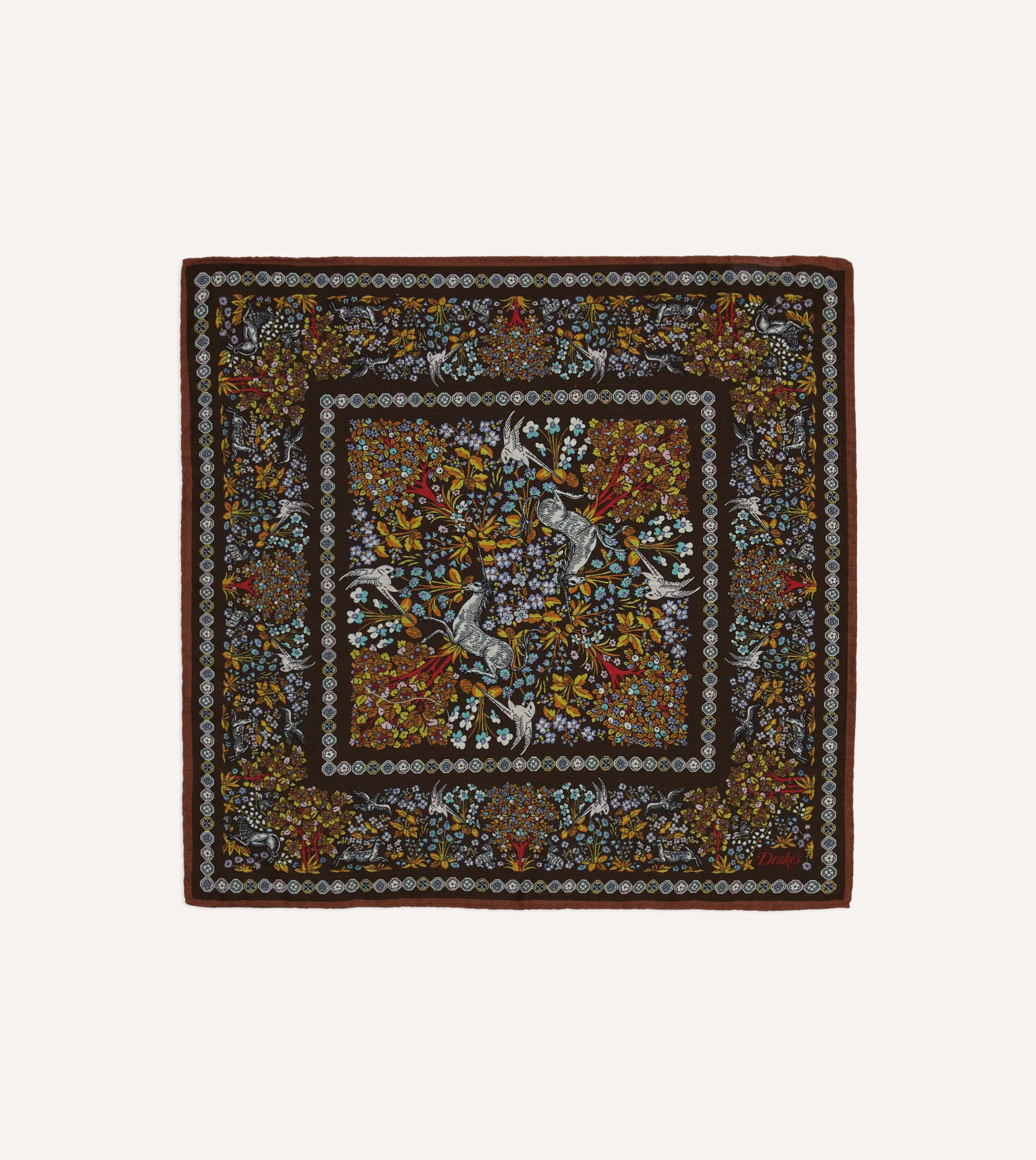 Blue Floral Unicorn Print Wool-Silk Pocket Square