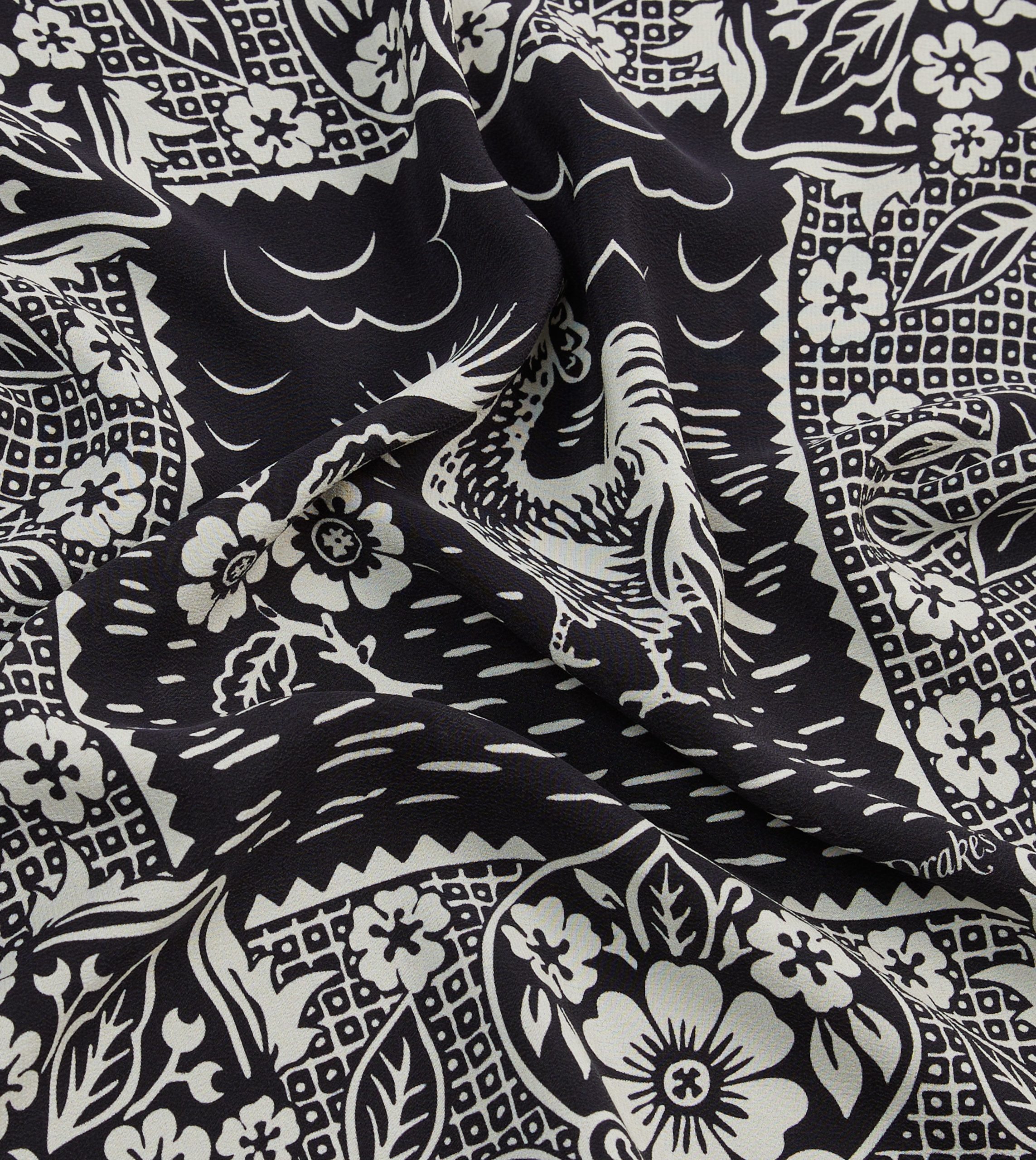 Navy Cockerel Print Silk Pocket Square - Image 2