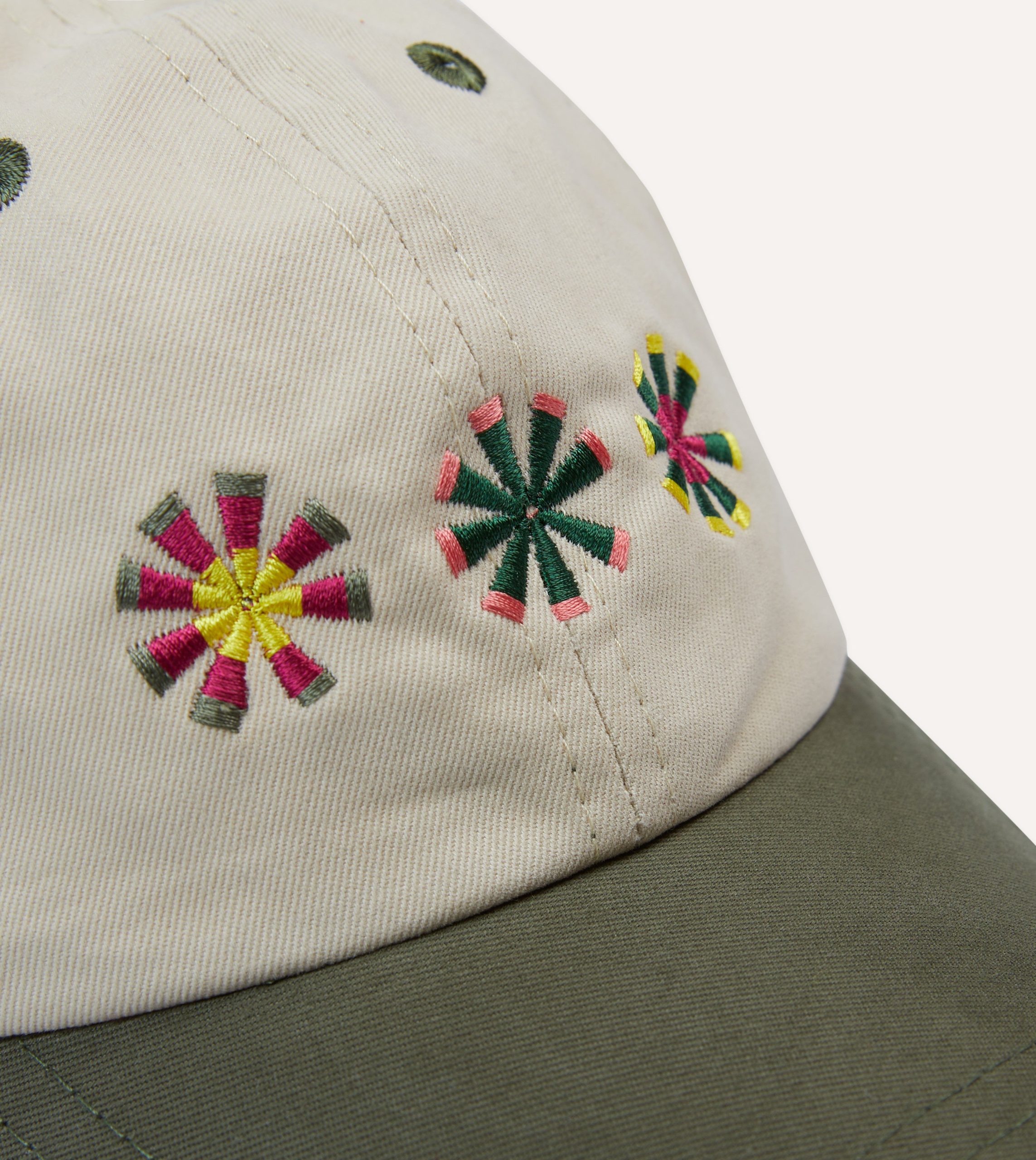 Ecru and Green Kantha Suns Emblem Cotton Baseball Cap - Image 3