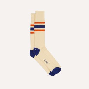 Ecru. Blue and Orange Striped Sport Socks