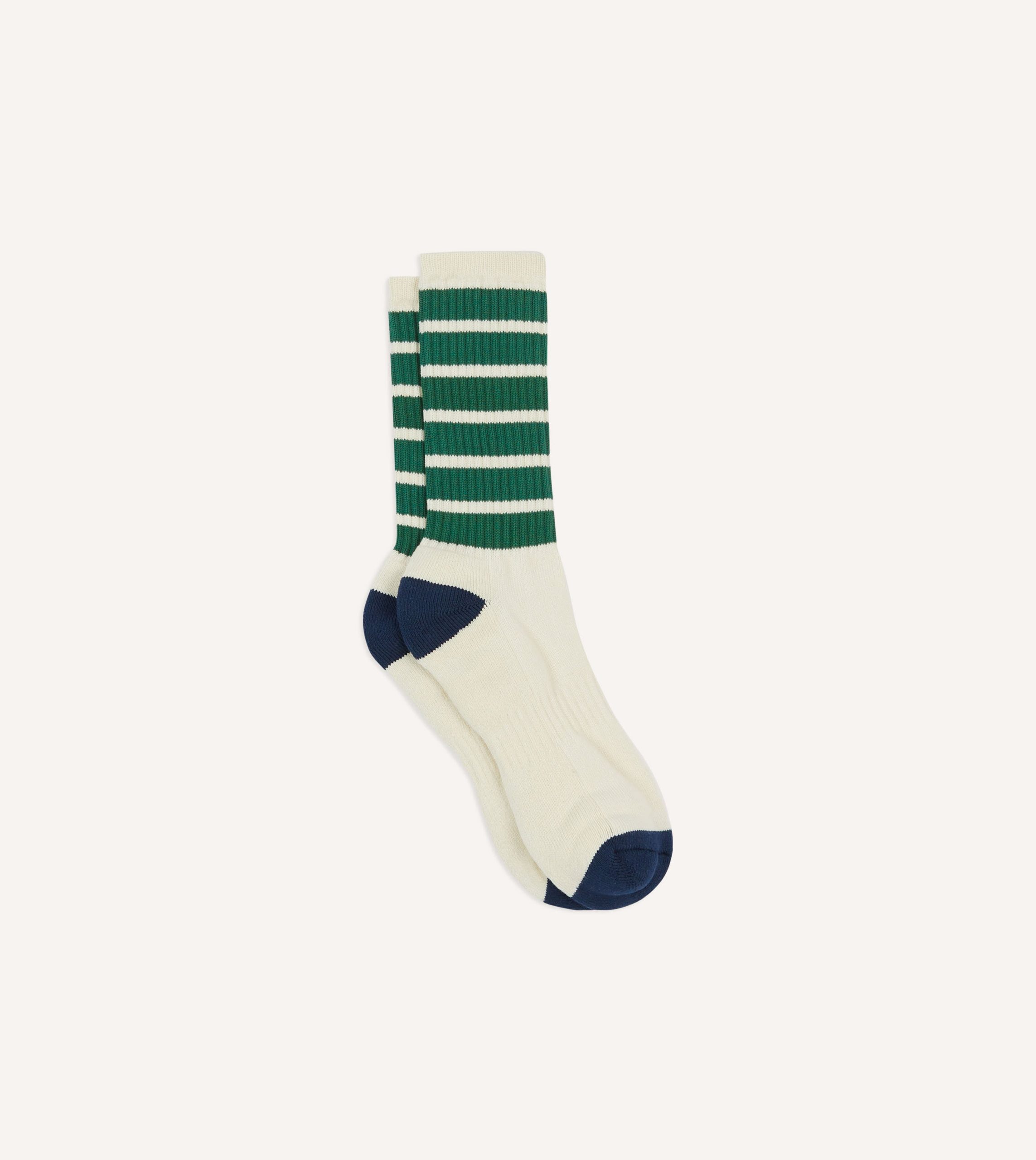 Ecru and Green 6 Stripe Cotton Sports Sock