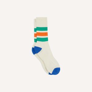 Ecru. Green and Orange 3 Stripe Cotton Sports Sock