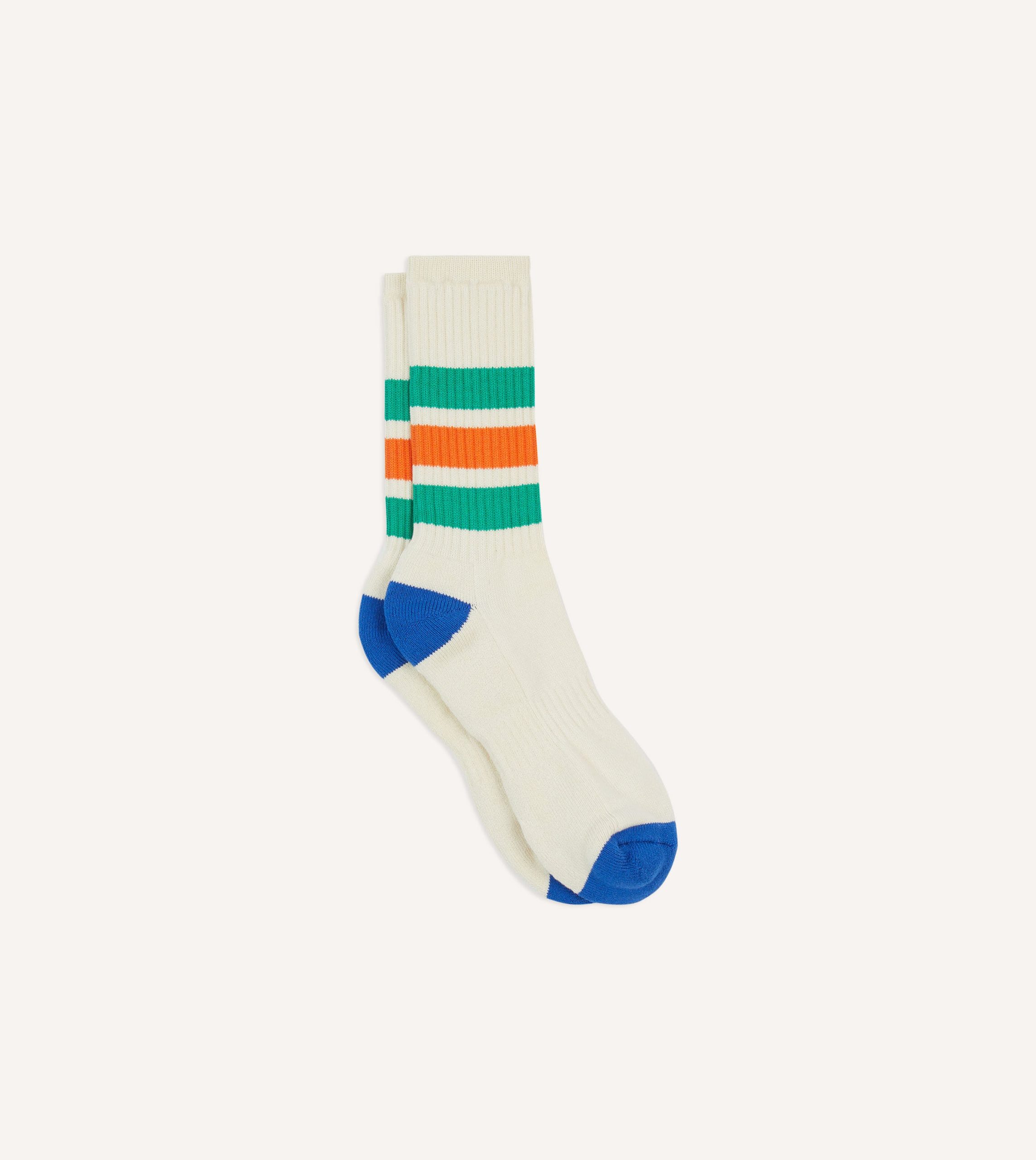 Ecru. Green and Orange 3 Stripe Cotton Sports Sock