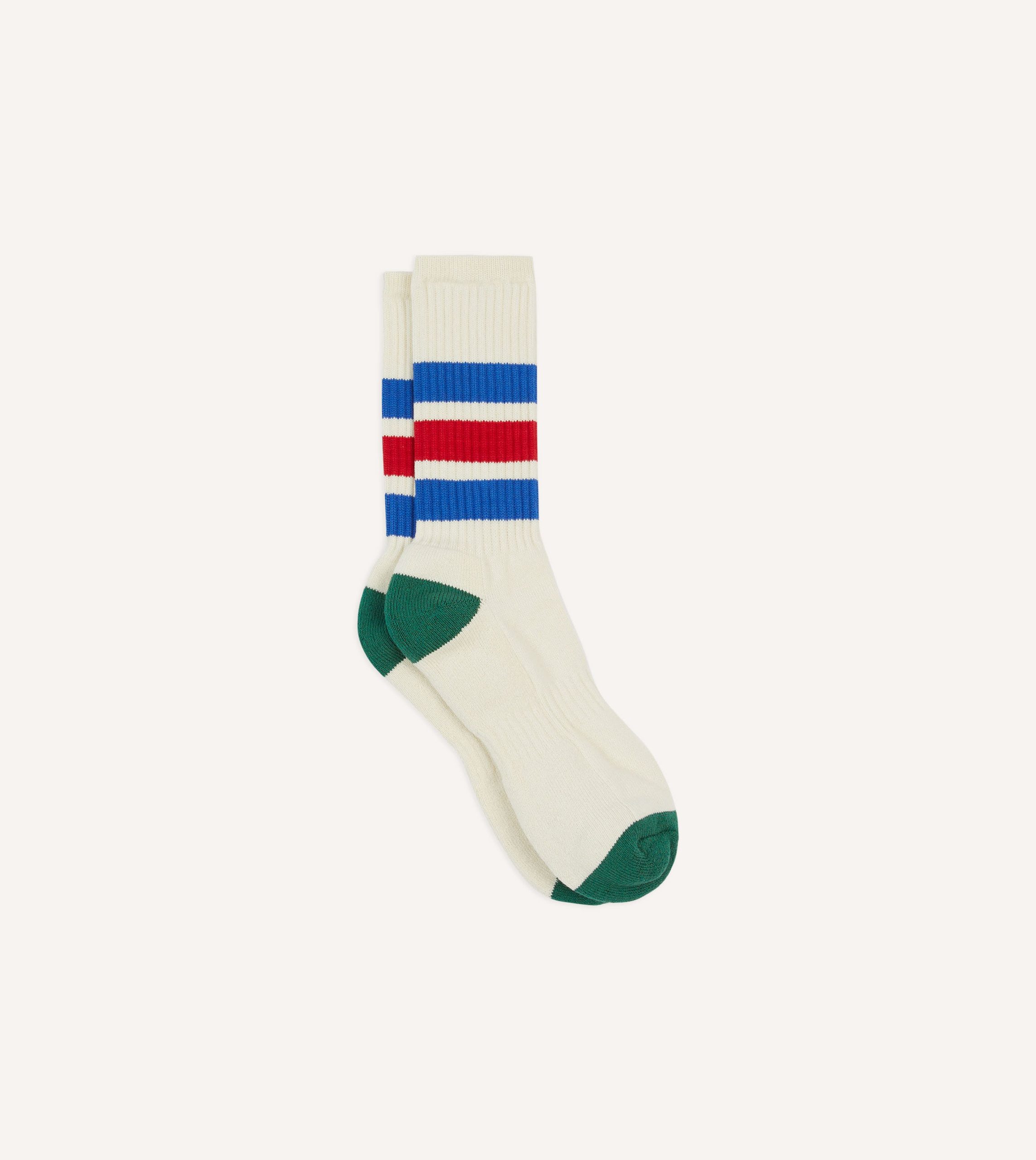 Ecru. Blue and Red 3 Stripe Cotton Sports Sock