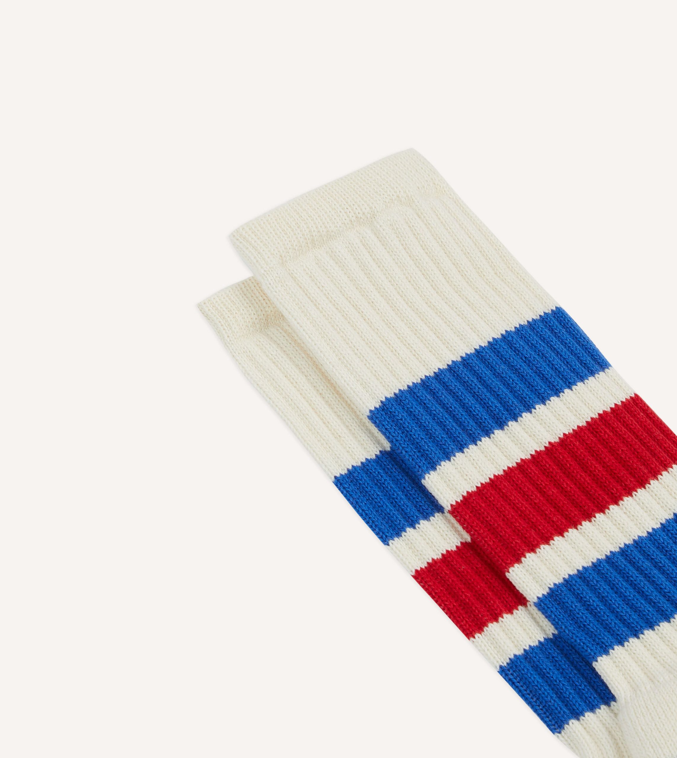 Ecru. Blue and Red 3 Stripe Cotton Sports Sock - Image 3