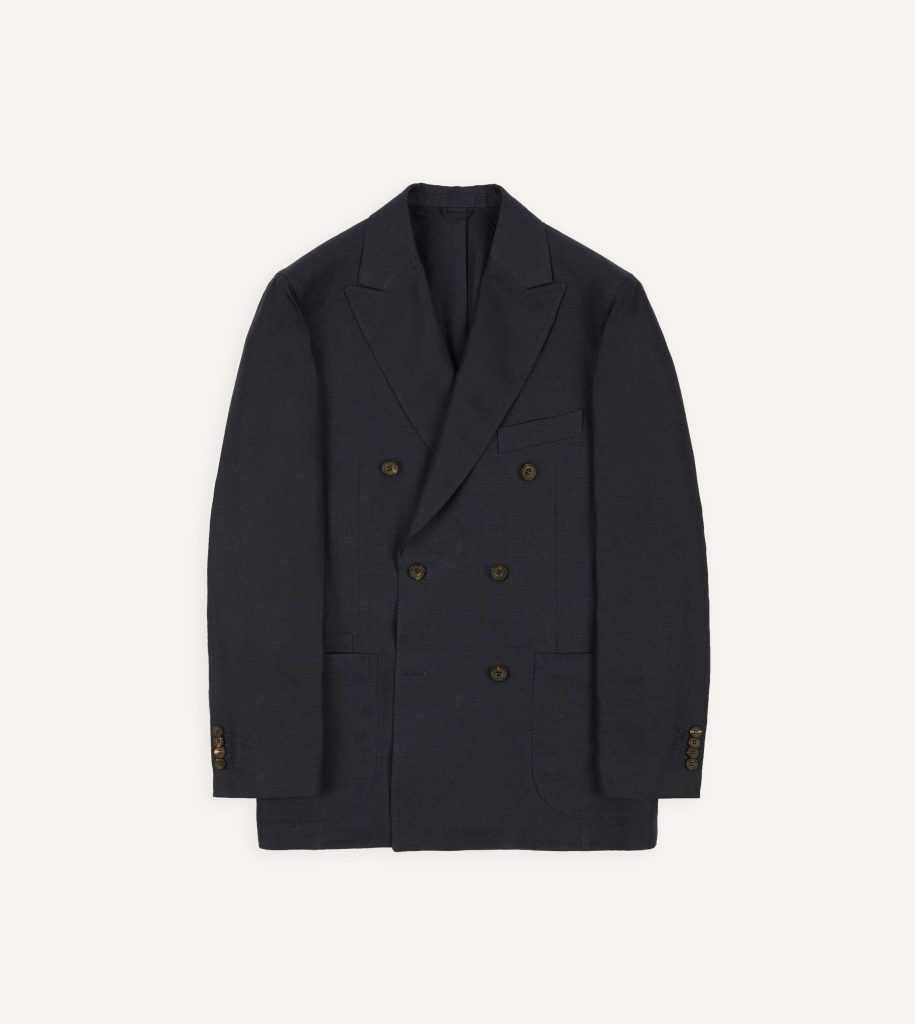 Navy Linen Double-Breasted Tailored Jacket