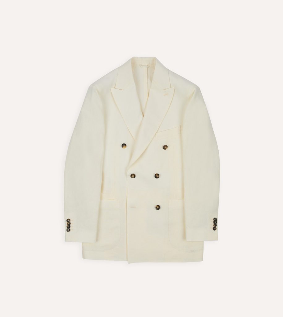 Ecru Linen Double-Breasted Tailored Jacket