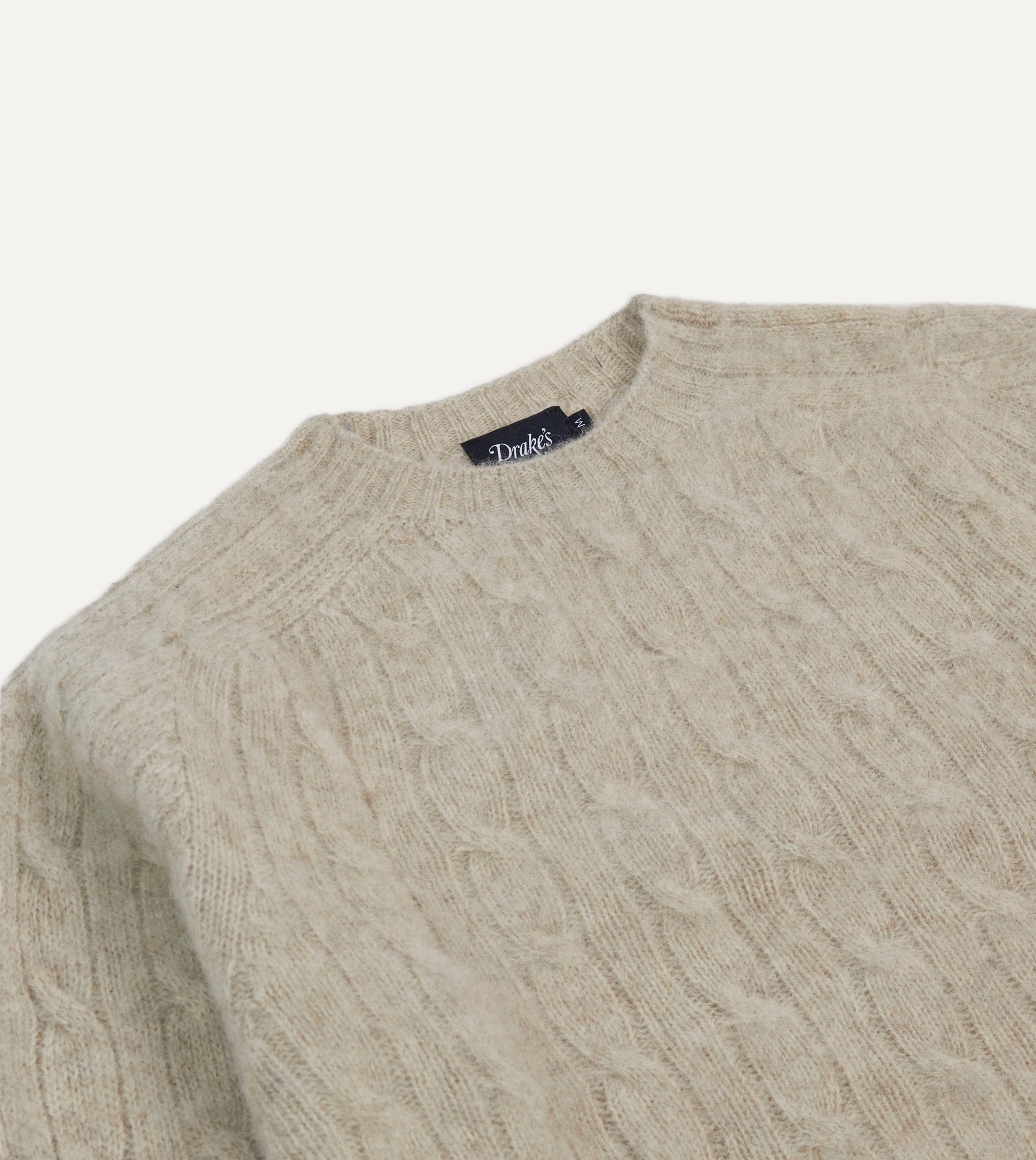 Putty Brushed Cable Knit Shetland Crew Neck Jumper - Image 3