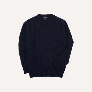 Navy Brushed Cable Knit Shetland Crew Neck Jumper