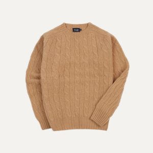Wheat Brushed Shetland Cable Knit Crew Neck Jumper