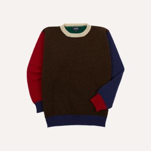 Brown Multi Colourblock Brushed Shetland Crew Neck Jumper