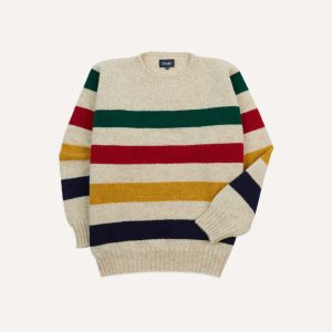 Ecru Multi Thick Stripe Brushed Shetland Crew Neck Jumper