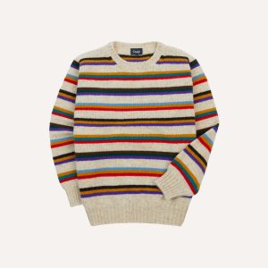 Ecru Multi Thin Stripe Brushed Shetland Crew Neck Jumper