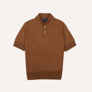 Tobacco Knitted Linen-Cotton Short-Sleeve Polo Shirt