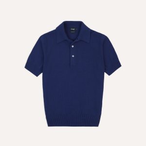 Blue Knitted Crepe Cotton Short-Sleeve Polo Shirt