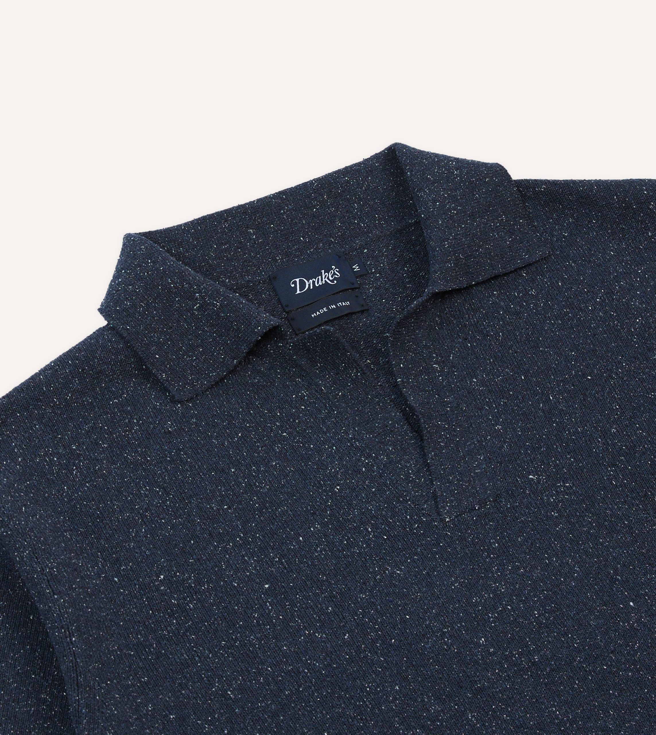 Navy Knitted Silk Short-Sleeve Polo Shirt - Image 3