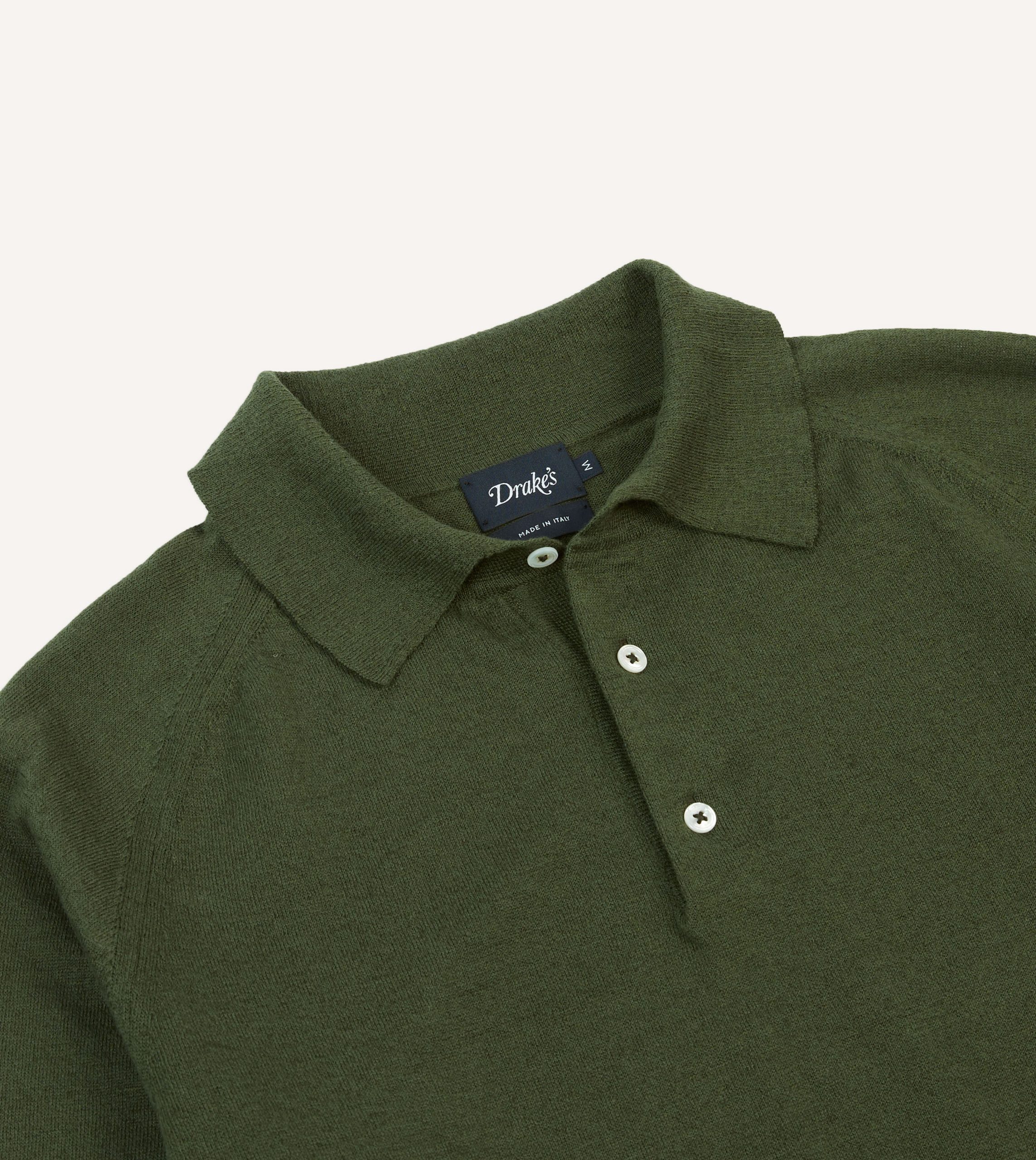 Green Linen-Cotton Knitted Long-Sleeve Polo Shirt - Image 3