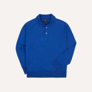 Blue Linen-Cotton Knitted Long-Sleeve Polo Shirt