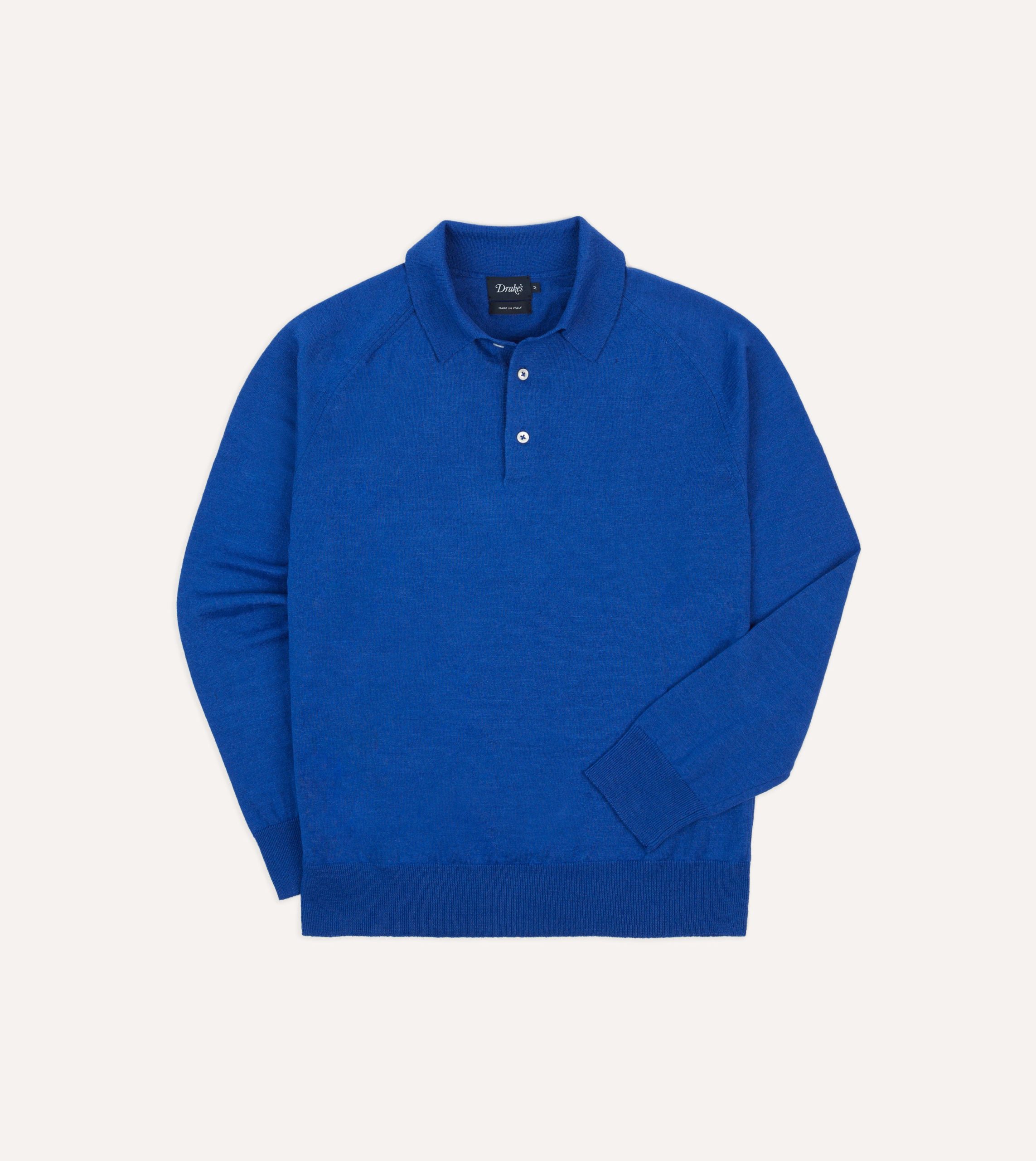 Blue Linen-Cotton Knitted Long-Sleeve Polo Shirt