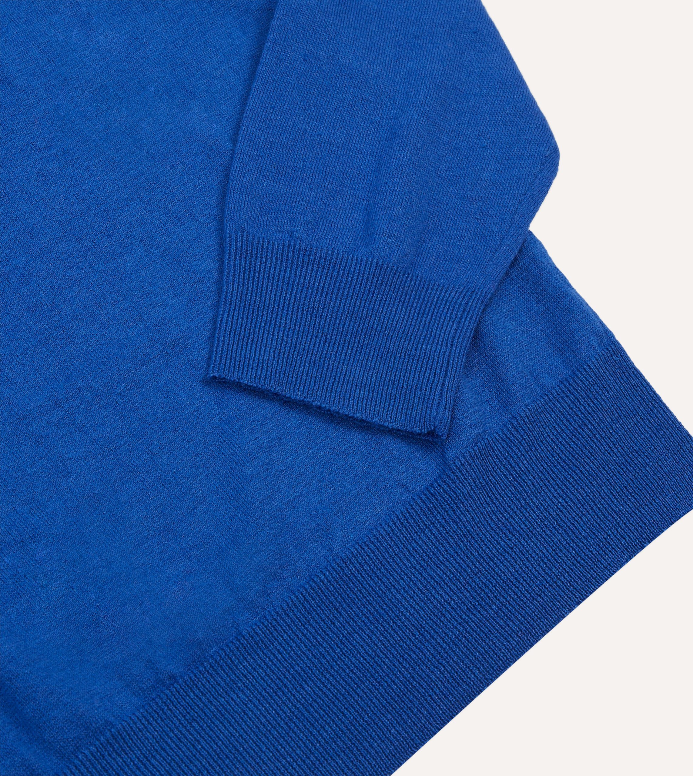 Blue Linen-Cotton Knitted Long-Sleeve Polo Shirt - Image 4