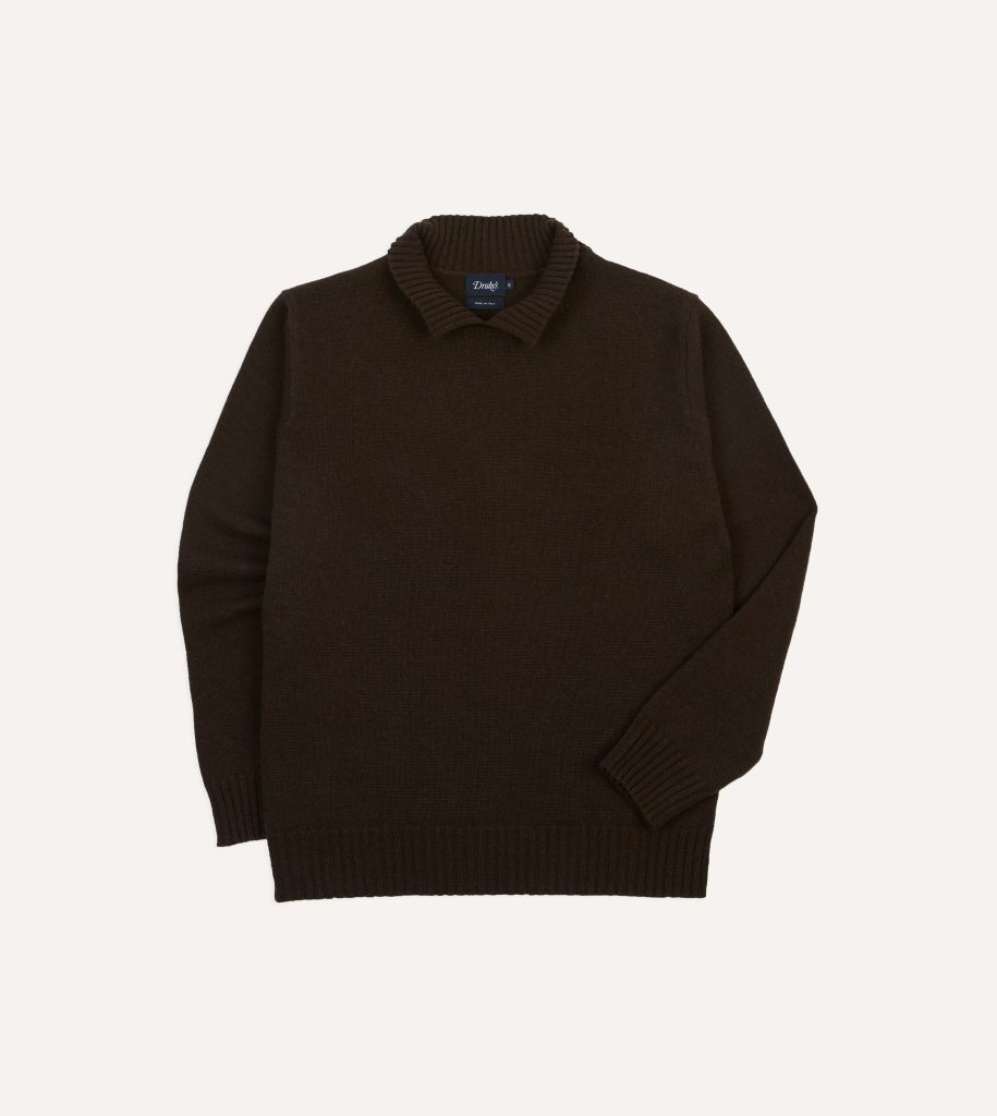 Brown Alpaca Lambswool Ribbed Integral Collar Jumper