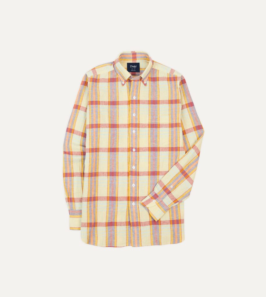 Yellow and Red Madras Check Cotton-Linen Button-Down Shirt