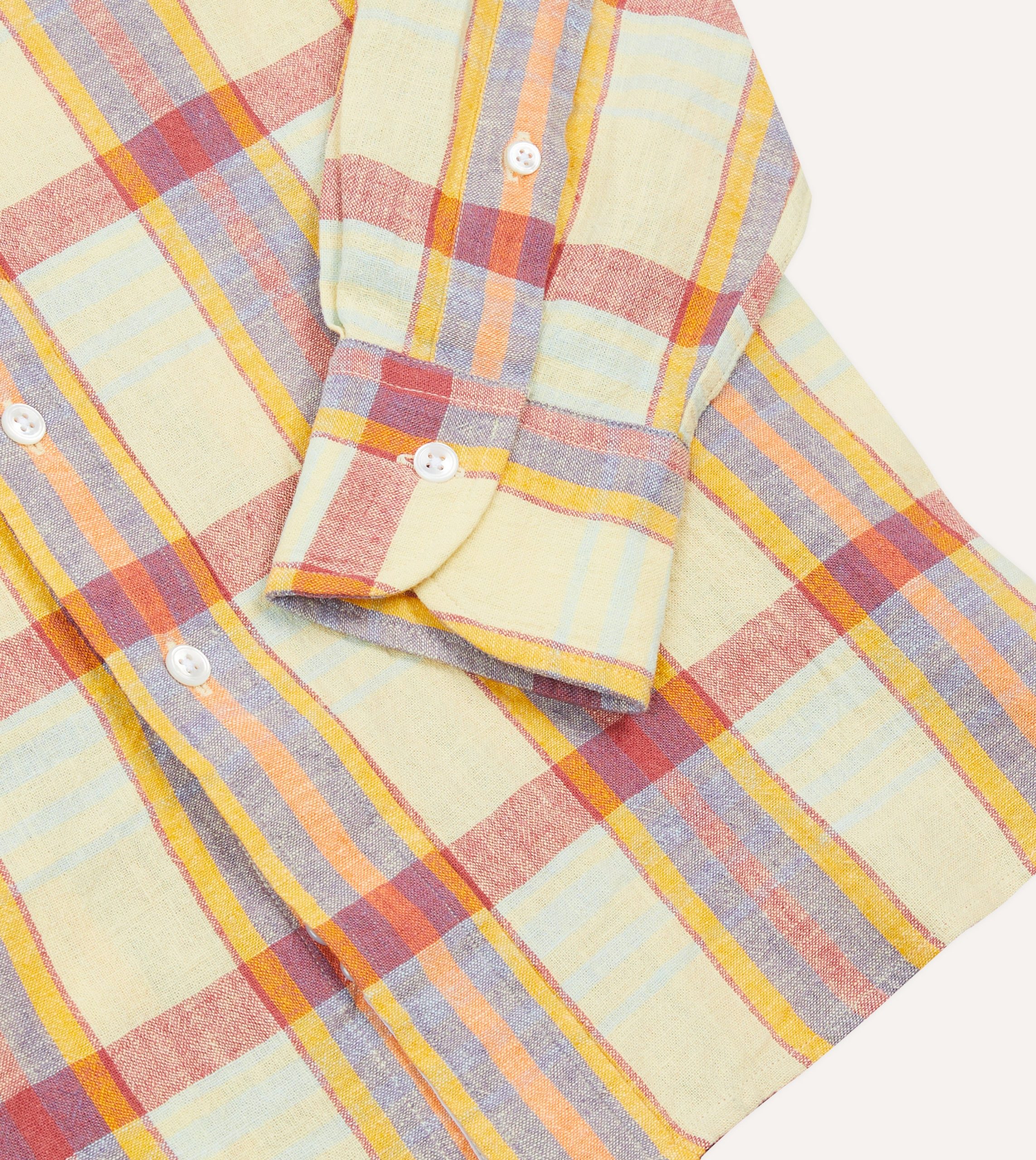 Yellow and Red Madras Check Cotton-Linen Button-Down Shirt - Image 5