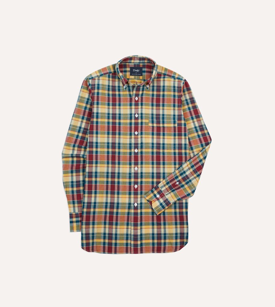 Yellow. Red and Blue Madras Check Cotton Button-Down Shirt