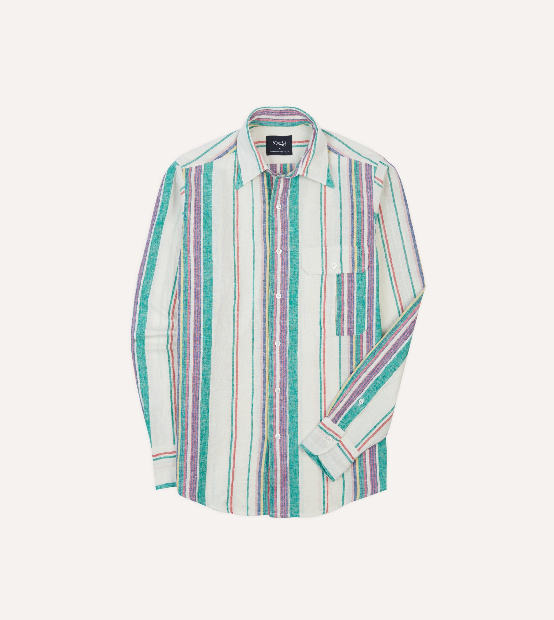 Ecru. Purple and Green Stripe Linen-Cotton Long Point Collar Shirt