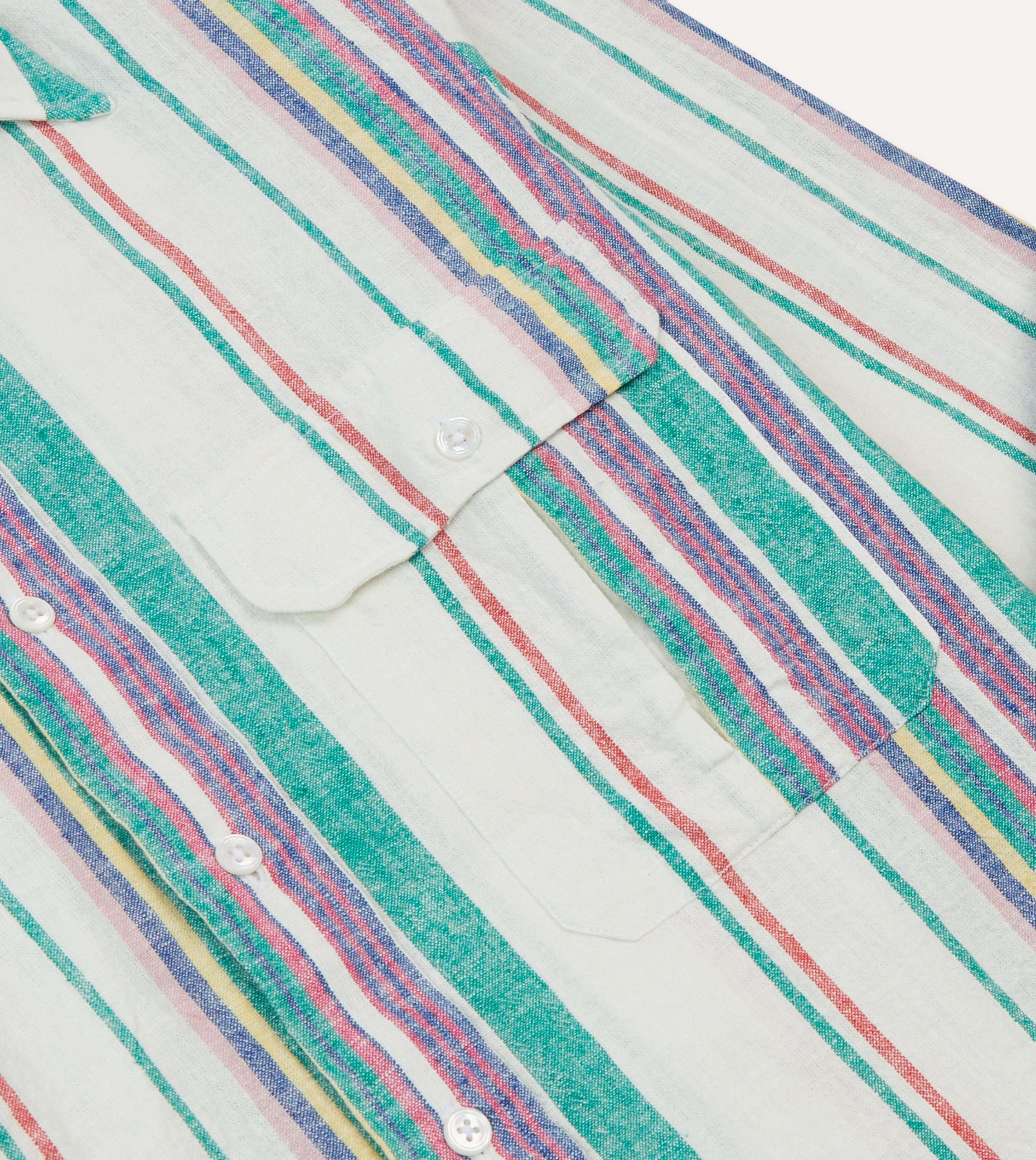 Ecru. Purple and Green Stripe Linen-Cotton Long Point Collar Shirt - Image 4