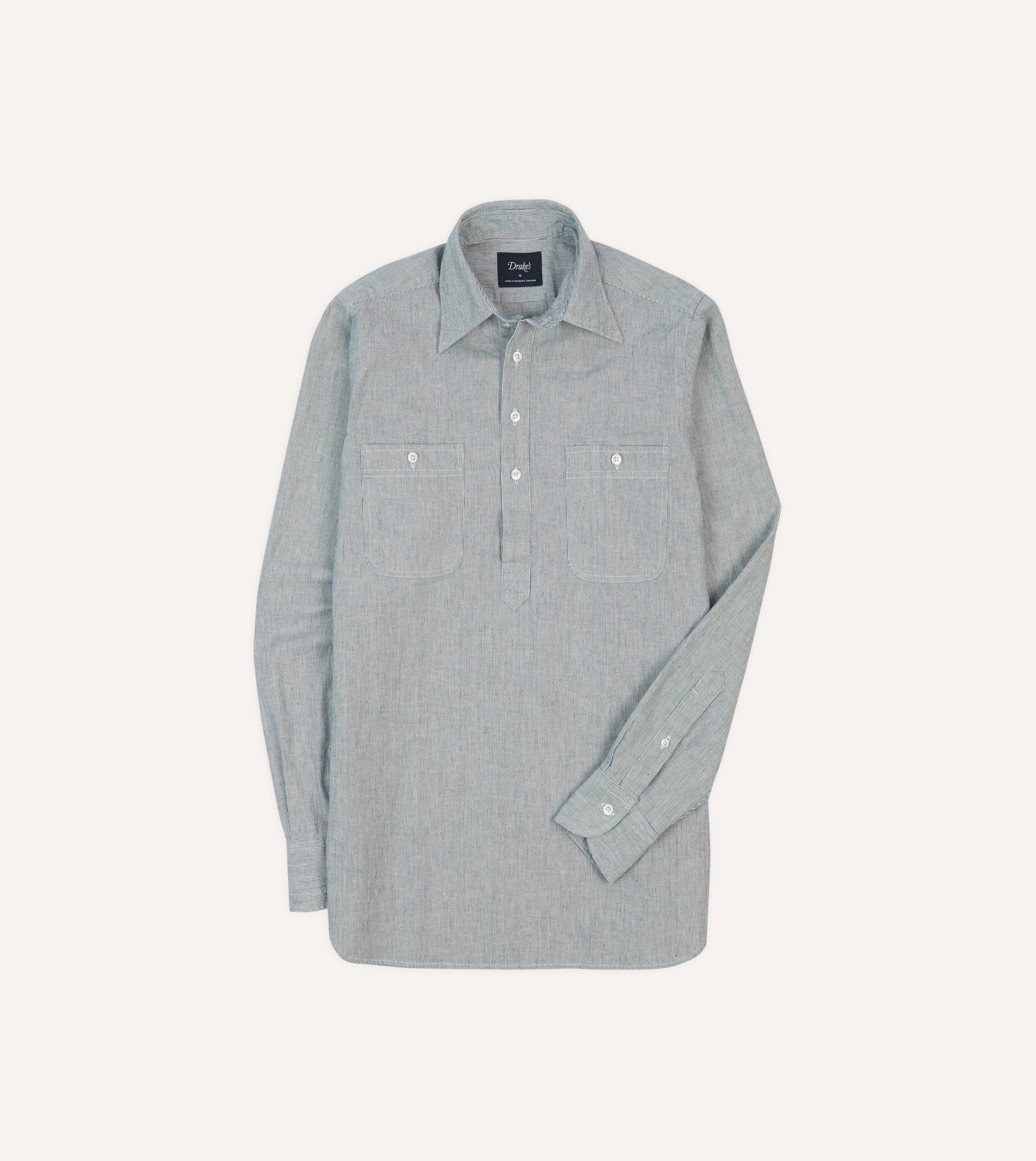 Blue Hickory Stripe Cotton Long Point Collar Popover Shirt
