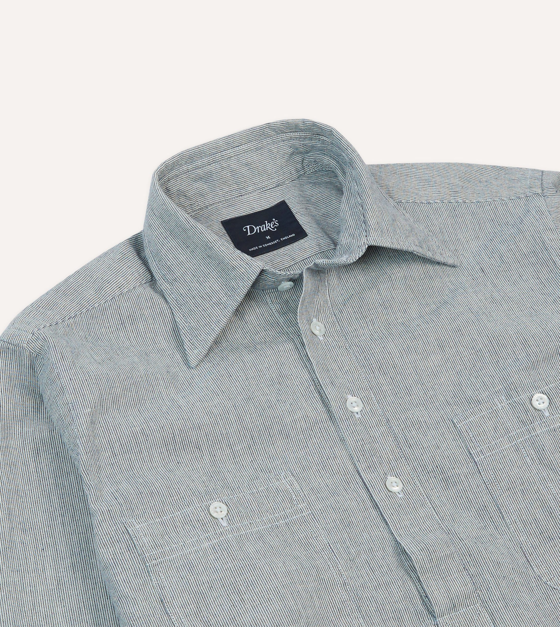 Blue Hickory Stripe Cotton Long Point Collar Popover Shirt - Image 3