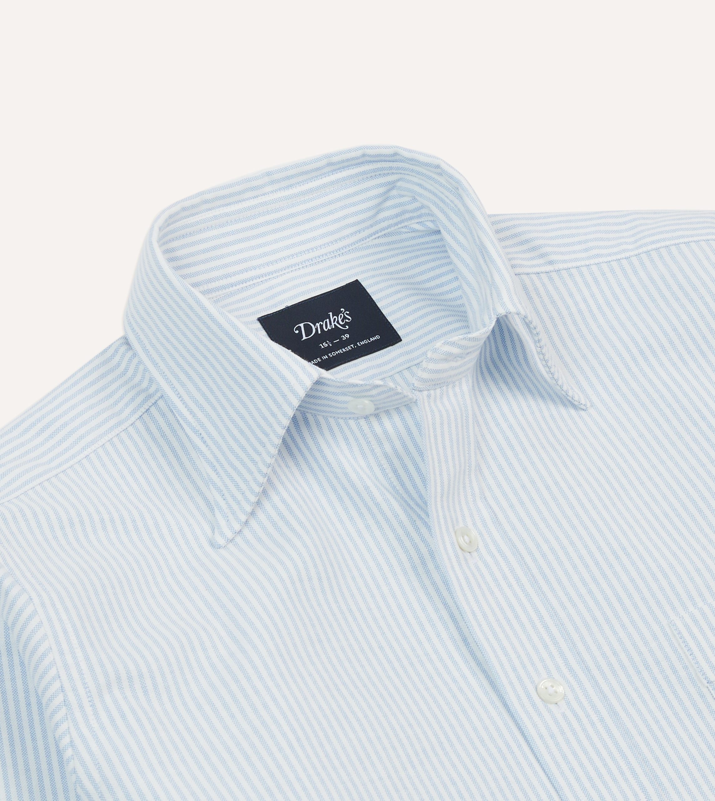 Light Blue and White Ticking Stripe Cotton Oxford Cloth Long Point Collar Shirt - Image 3