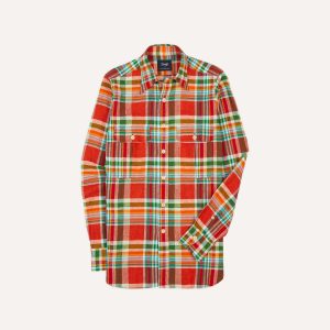 Red and Green Madras Check Cotton-Linen Two-Pocket Work Shirt