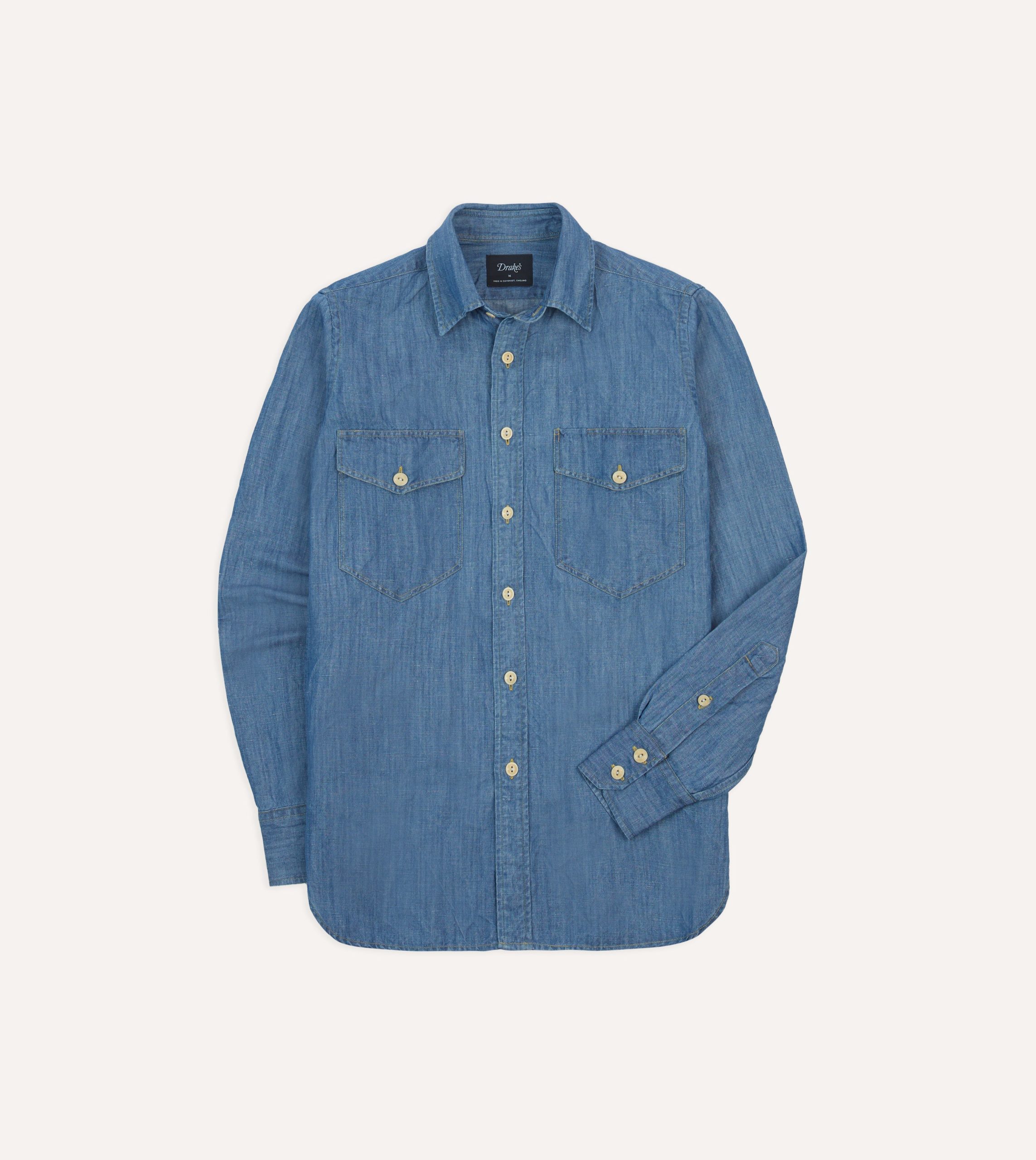 Stone Wash Cotton-Linen Long Point Collar Work Shirt