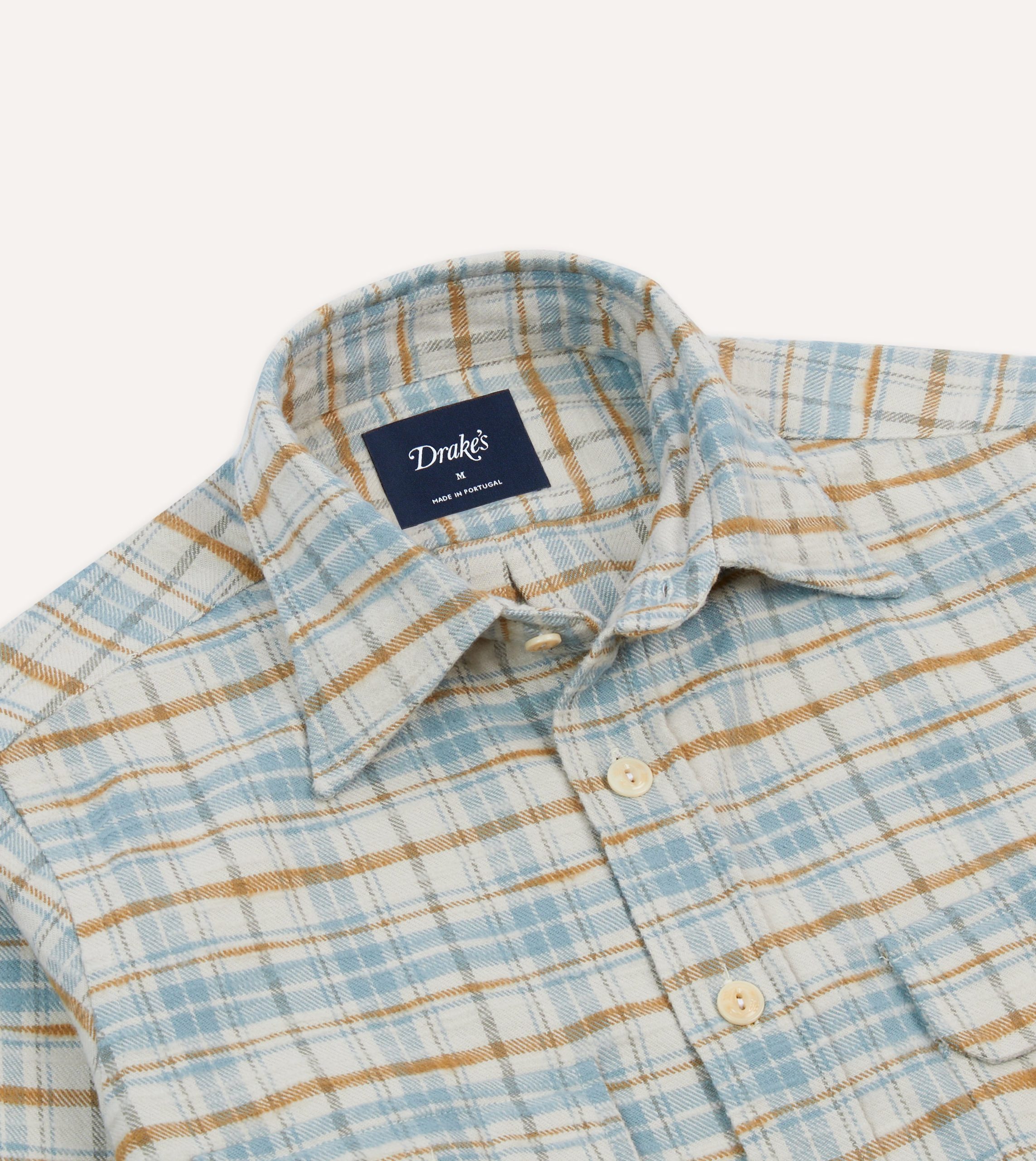 Ecru and Blue Check Cotton Two-Pocket Work Shirt - Image 3