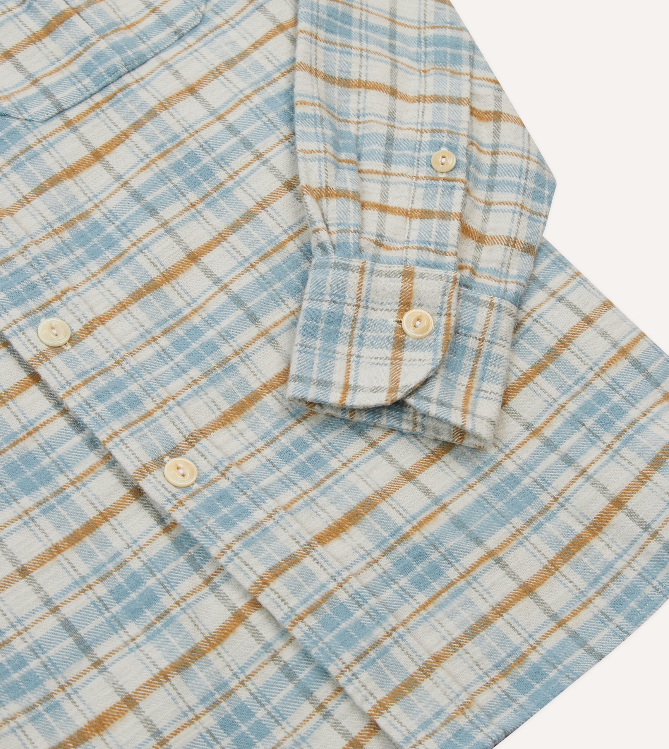 Ecru and Blue Check Cotton Two-Pocket Work Shirt - Image 5