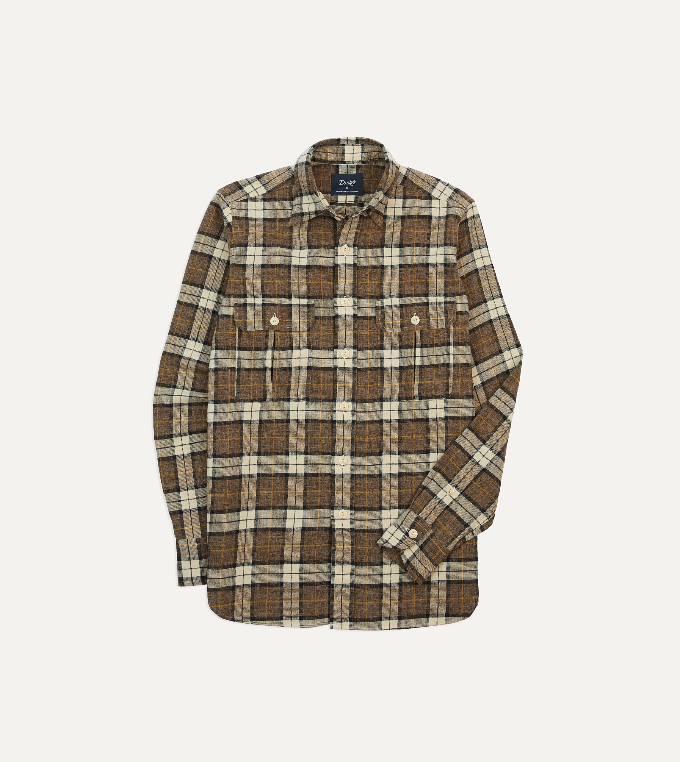 Brown Check Brushed Cotton Two-Pocket Work Shirt