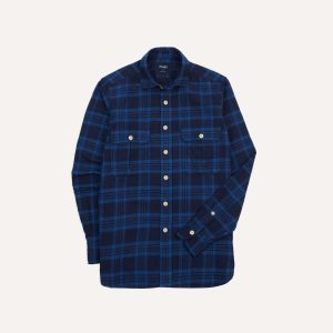 Navy Check Brushed Cotton Two-Pocket Work Shirt