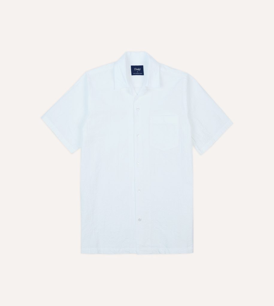 White Cotton-Linen Seersucker Camp Collar Short Sleeve Shirt
