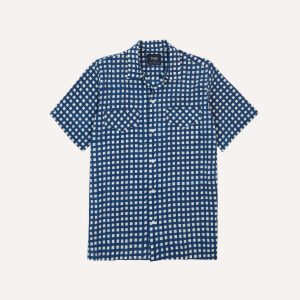 Navy Gingham Check Block Print Cotton Camp Collar Short Sleeve Shirt
