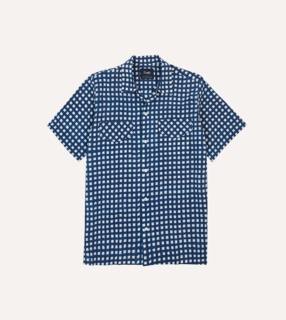 Navy Gingham Check Block Print Cotton Camp Collar Short Sleeve Shirt