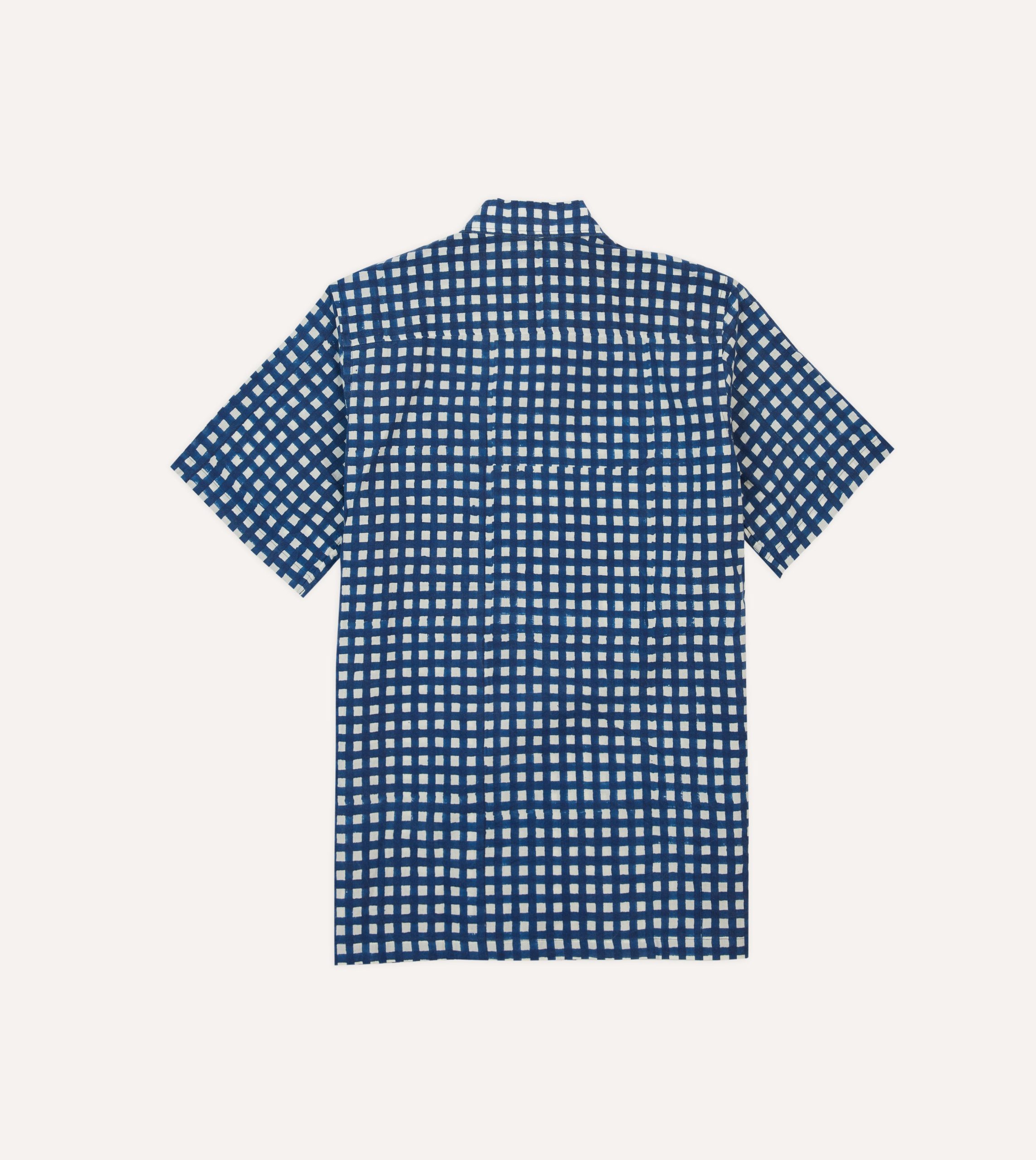 Navy Gingham Check Block Print Cotton Camp Collar Short Sleeve Shirt - Image 6