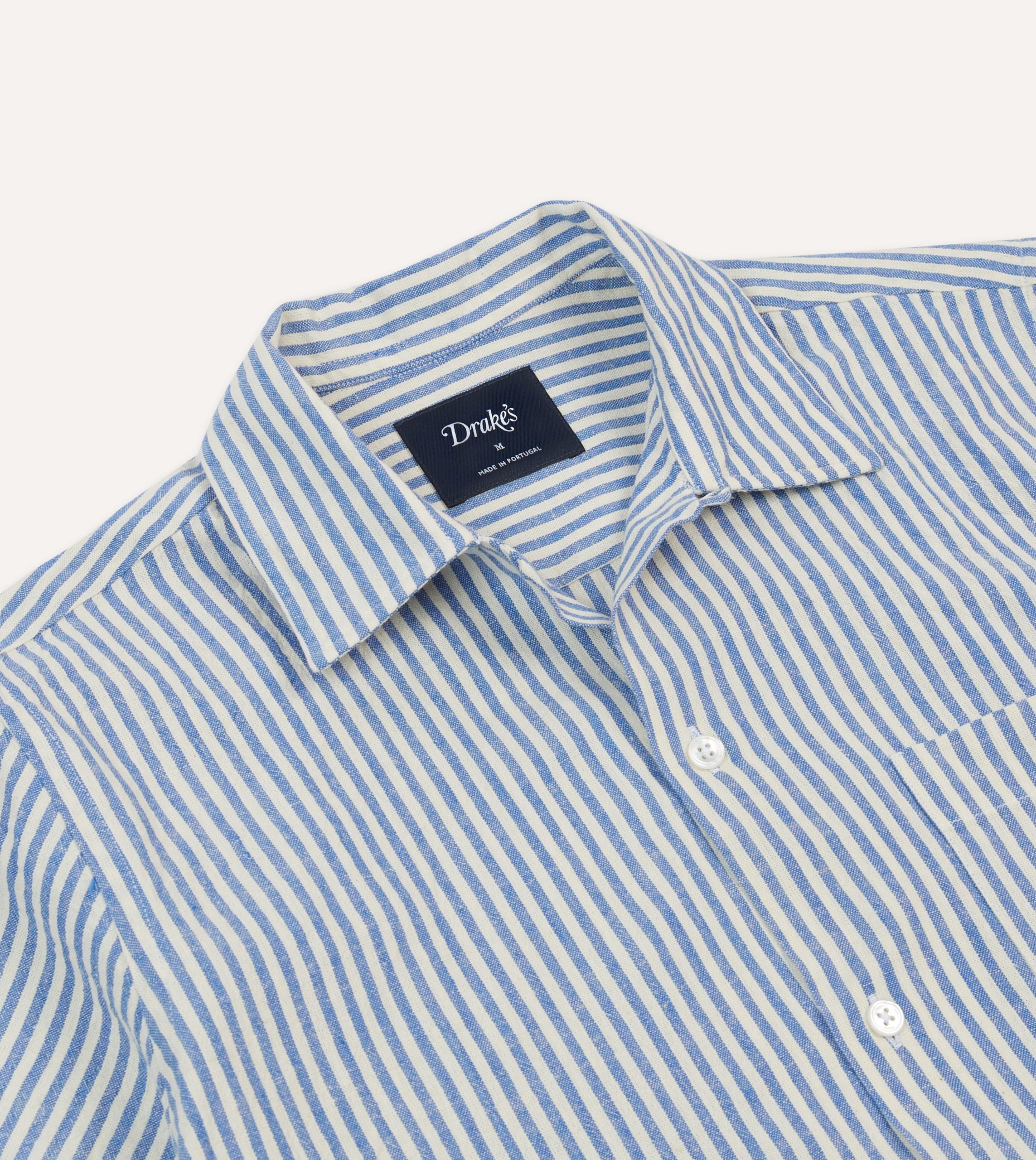 Blue and White Stripe Cotton-Linen Camp Collar Short Sleeve Shirt - Image 3