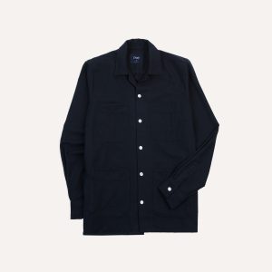 Navy Wool Four-Pocket Camp Collar Work Shirt
