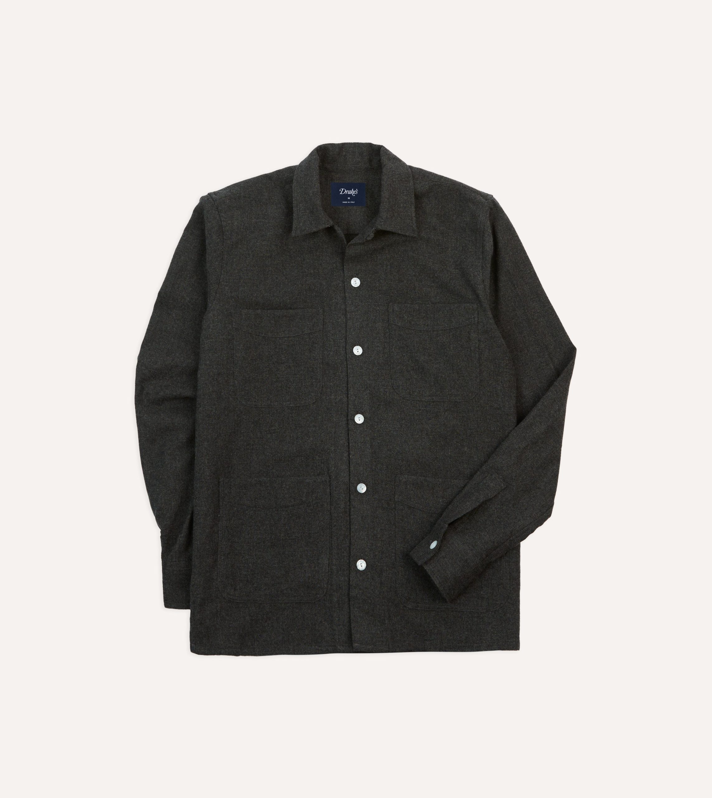 Grey Wool Four-Pocket Camp Collar Work Shirt